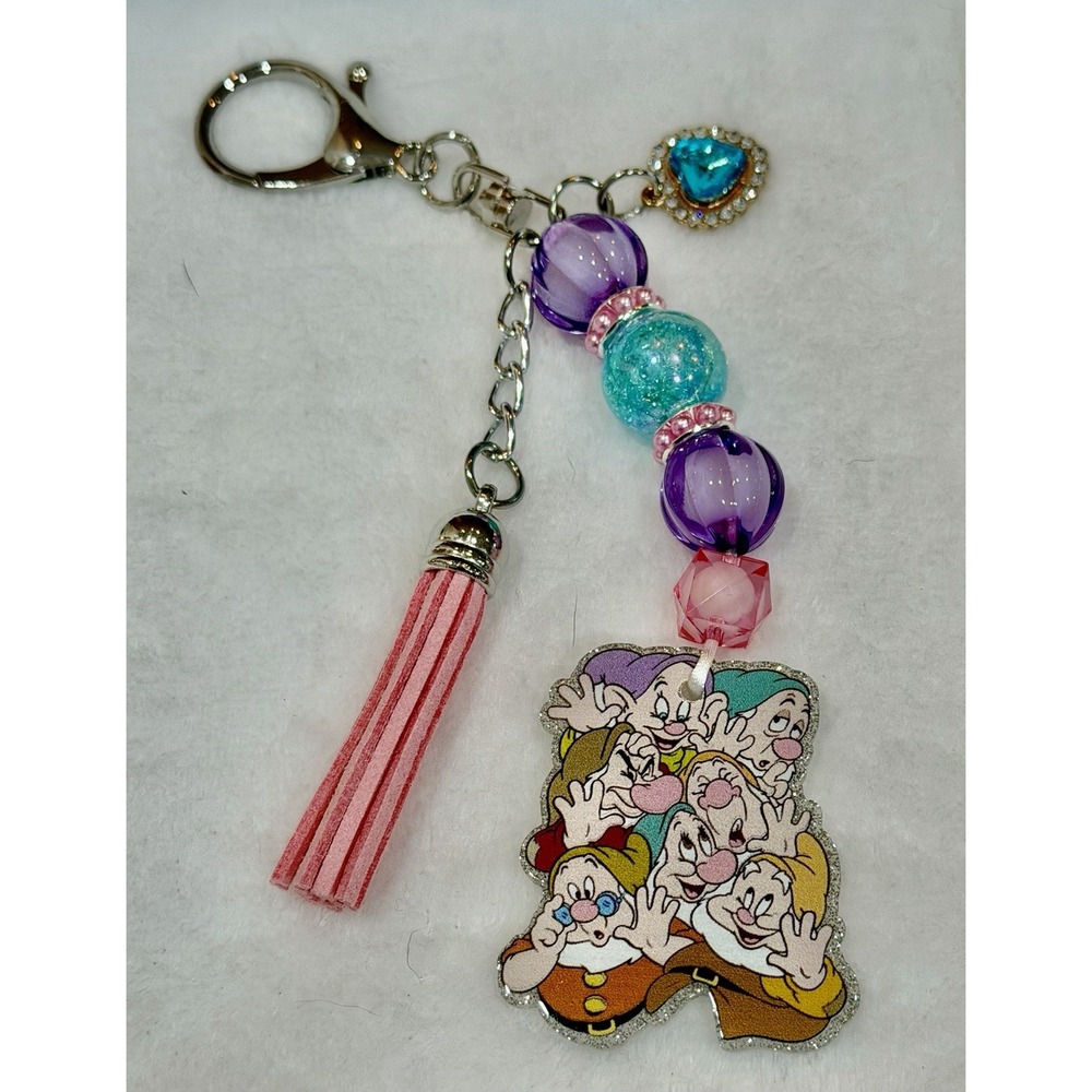 6 1/2" Seven Dwarfs Acrylic Glitter Flatback Bag Charm/Keychain w/Heart Charm